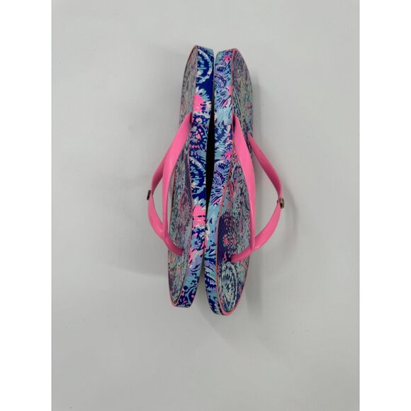 Lilly Pulitzer Oyster Bay You've Been Spotted Flip Flops With Pink Straps & Blue - Picture 3 of 9
